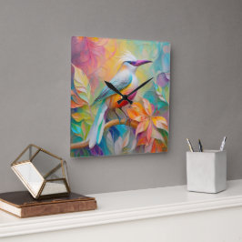 Relógio Quadrado Pássaro da fantasia vermelho-rosa-bico