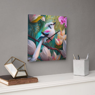 Relógio Quadrado Pássaro Fantástico Branca Pincado