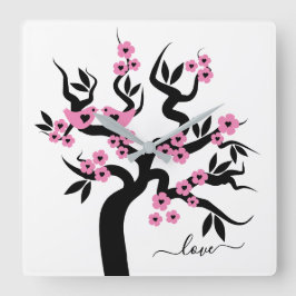 Relógio Quadrado Pássaros de amor, cor-de-rosa, cerejeira e flores