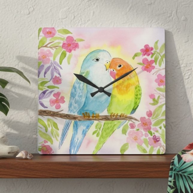 Relógio Quadrado Pássaros de Amor em Aquarela com Flores Rosa (Criador carregado)
