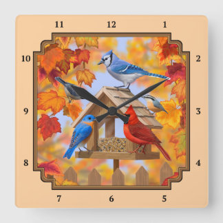 Relógio Quadrado Pássaros Reunindo Outono Laranja