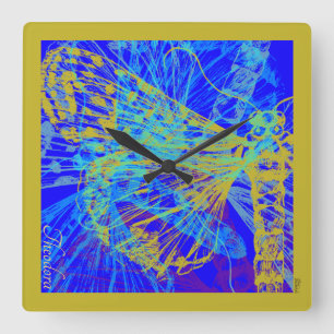 Relógio Quadrado Pastel Azul Abstrato Dourado Borboleta