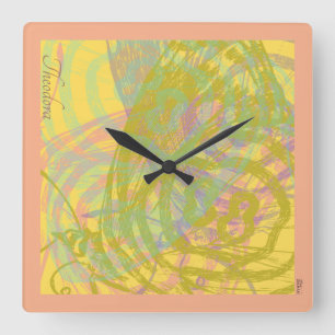 Relógio Quadrado Pastel Azul Abstrato Dourado Borboleta Amarelo