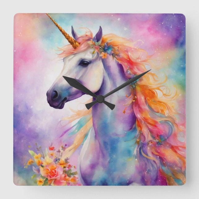 Relógio Quadrado Pastel Color Unicorn (Frente)