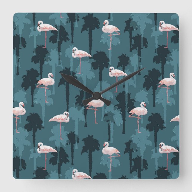 Relógio Quadrado Pastel Flamingos Em Teal (Frente)