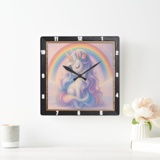 Relógio Quadrado Pastel Rainbow Unicorn Dream