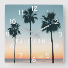 Relógio Quadrado Pastel Tropical Ombre Teal Laranja Palmeira Sunset