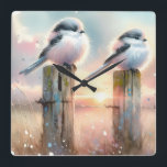 Relógio Quadrado Pastel Watercolor Birds Fencepost Sunset<br><div class="desc">Soft watercolor brushwork captures two fluffy songbirds resting on weathered fence posts as a glowing sunset spreads across a dreamy countryside sky. Gentle washes of peach, blush pink, pale blue, and warm gold blend into a tranquil horizon, creating a calm pastoral atmosphere. The birds appear round and feathery, their delicate...</div>