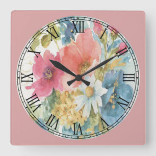 Relógio Quadrado Pastel Watercolor Flowers Fine Art