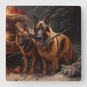 Relógio Quadrado Pastor belga Snowy Sleigh Decor de Natal