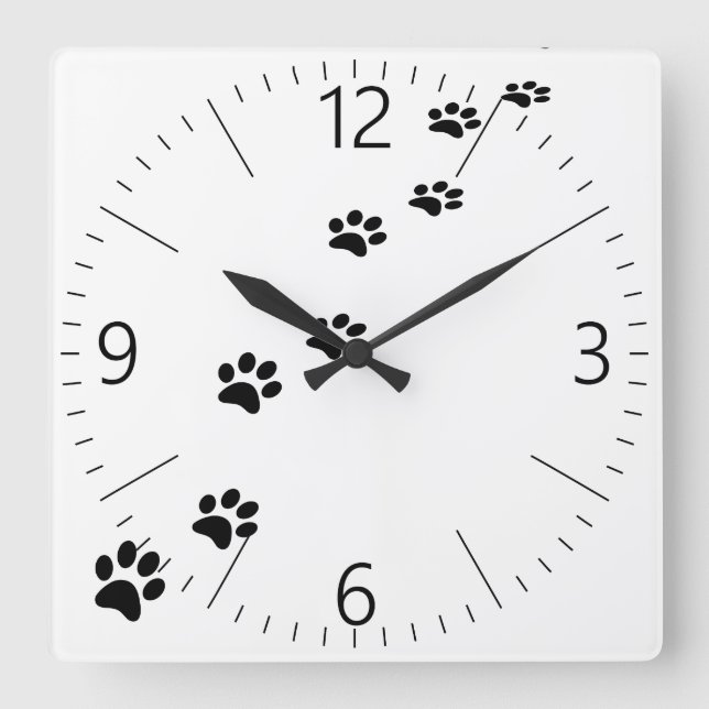 Relógio Quadrado Pata de gato preto em branco (Frente)
