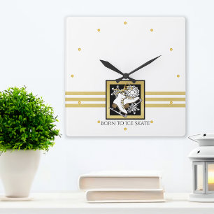 Relógio Quadrado Patinação no Gelo Dourado Personalizado Preto Bran