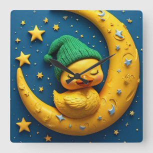 Relógio Quadrado Pato de desenho animado fofo e lua