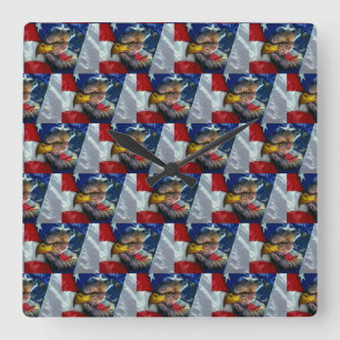 Relógio Quadrado Patriótica Americana Flag Bald Eagle Wolf