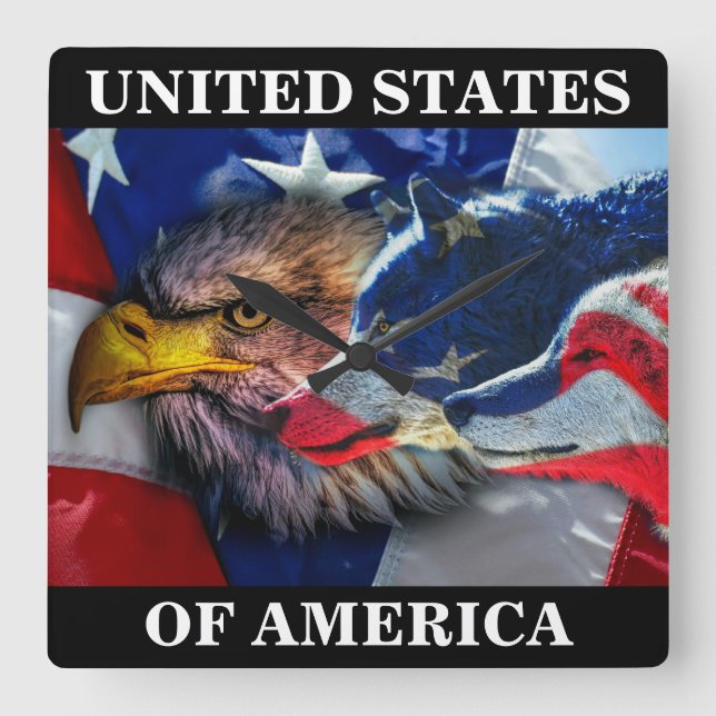 Relógio Quadrado Patriótico da Bandeira do Lobo Bald Americano (Frente)