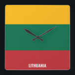 Relógio Quadrado Patriótico de Bandeira da Lituânia<br><div class="desc">Lituânia Flag Dazzling Patriotic Square Wall Clock, nas cores e elementos da bandeira nacional lituana, que cobre a frente do relógio. As cores da bandeira nacional são complementadas com o texto "Lituânia" no fundo. O texto é totalmente personalizável usando o recurso "Personalizar!". Sinta-se livre para alterá-lo, removê-lo ou adicionar o...</div>