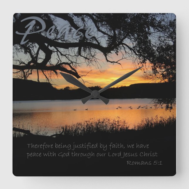 Relógio Quadrado Peace Lake Sunset Romans 5:1 Wall Clock (Frente)