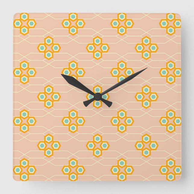 Relógio Quadrado Peach background hexagonal floral pattern  (Frente)