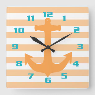 Relógio Quadrado Peach Orange Stripes and Anchor Teal Numbers