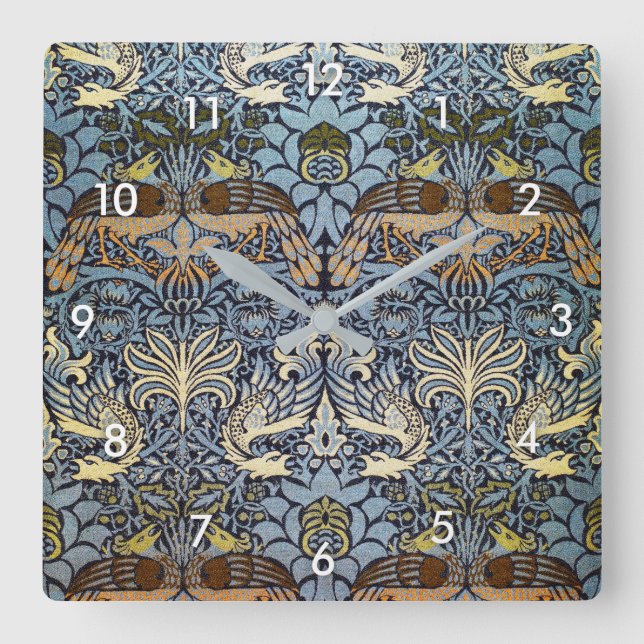 Relógio Quadrado Peacock e Dragon, William Morris (Frente)
