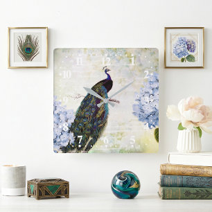 Relógio Quadrado Peacock e hydrangea