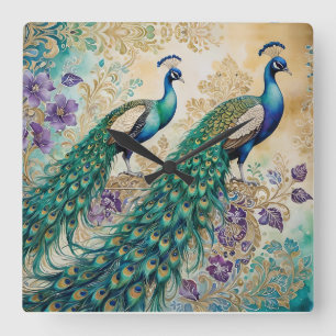 Relógio Quadrado Peacock floral paisley watercolor