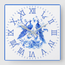 Relógio Quadrado Peacocks Porcelain Blue Wall Clock