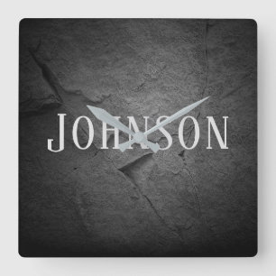 Relógio Quadrado pedra ardósia preta iluminada com nome