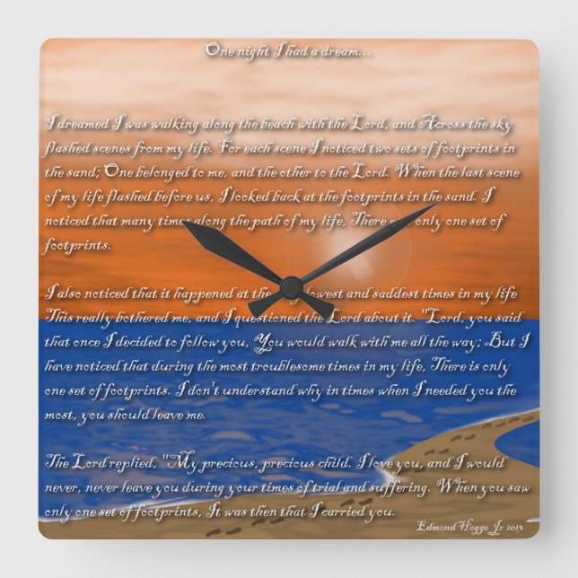 Relógio Quadrado Pegadas no Poema da Areia (Frente)