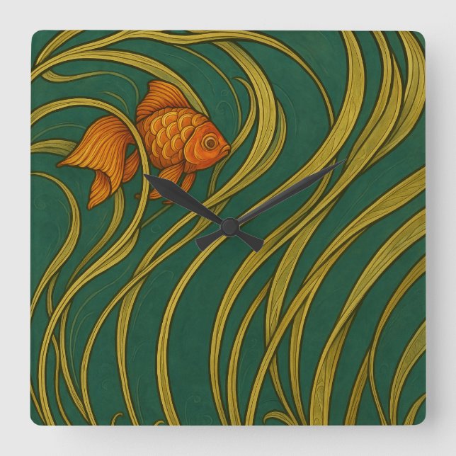 Relógio Quadrado Peixe Dourado Art Nouveau (Frente)