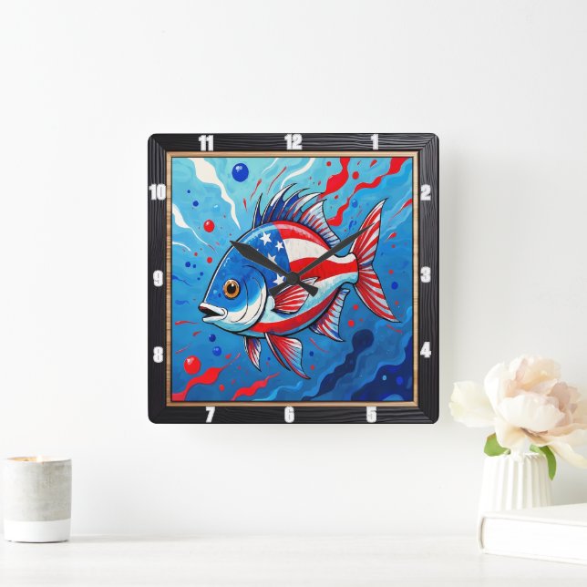 Relógio Quadrado Peixe Patriótico pop Art (Lar)