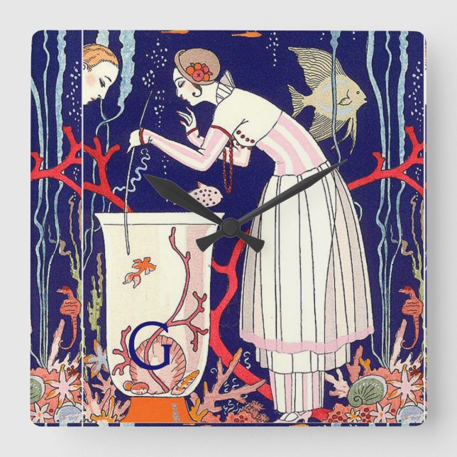 RELÓGIO QUADRADO PEIXES PEQUENOS IMPRESSIONANTES, MONOGRAMA DA (Frente)