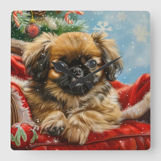 Relógio Quadrado Pekingese Cachorro Natal Festivo (Frente)