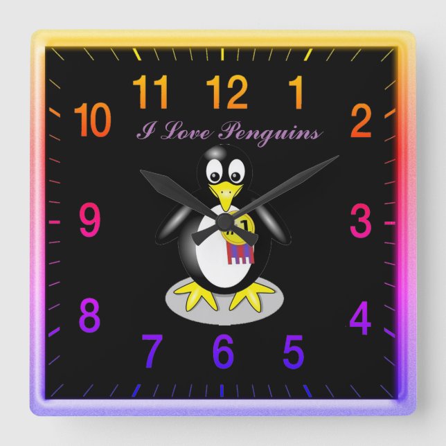 Relógio Quadrado Penguin Love Dourado Clock (Frente)