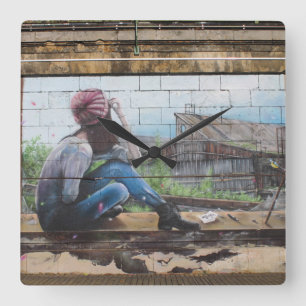 Relógio Quadrado Pensamentos Perdidos Sobre Grafite Infantil