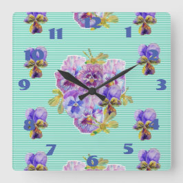 Relógio Quadrado Pensées Desbotadas Floral Aqua Turquesa