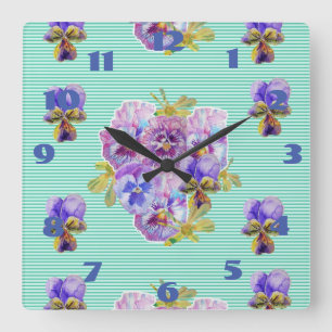 Relógio Quadrado Pensées Desbotadas Floral Aqua Turquesa