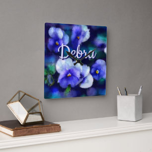 Relógio Quadrado Penseiras Azuis Flor Personalizada de Penseira Flo