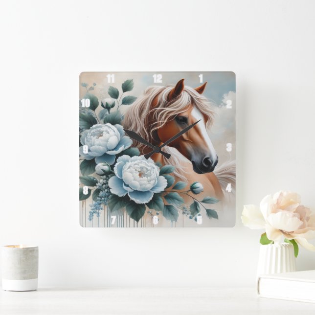 Relógio Quadrado Peony Horse Floral Timepece (Lar)