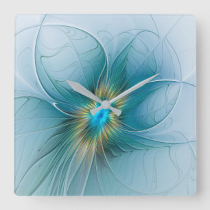 Relógio Quadrado Pequena Beleza Arte Fractal Flor Azul Moderno Dour