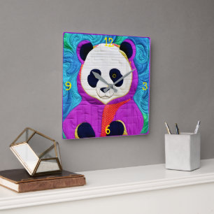 Relógio Quadrado Pequeno Panda Adorável - Design tipo Quilt