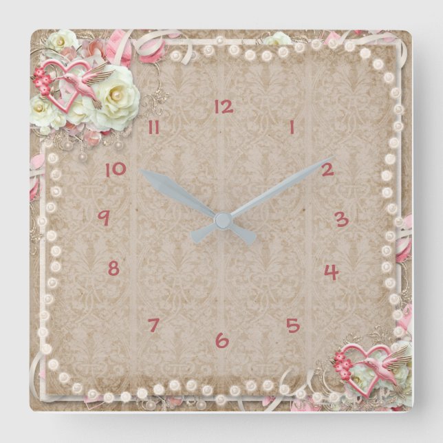 Relógio Quadrado Pérola Branca de Rosas do Hummingbird Elegante (Frente)