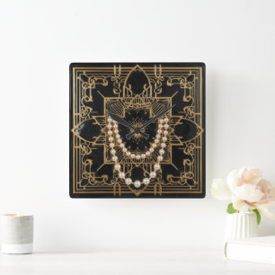 Relógio Quadrado Pérolas Art Deco elegantes em preto e dourado
