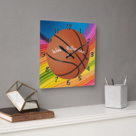 Relógio Quadrado Personalização de basquete com o nome Colorida