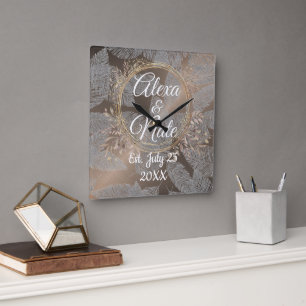 Relógio Quadrado Personalização de Casamento Floral de Rosa Blush F