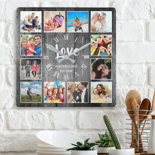 Relógio Quadrado Personalizado 12 Foto Collage Family Love Reclaime