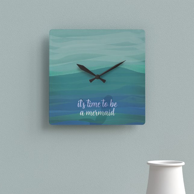 Relógio Quadrado Personalizado de Silhueta de Sereia de Cor de Água (It's time to be a mermaid! You can add your own text to this teal watercolor clock)