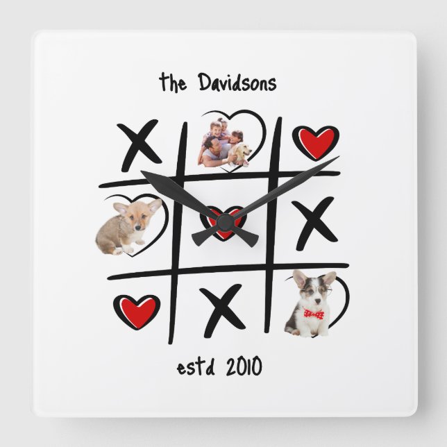 Relógio Quadrado Personalizado de Tic-Tac-Toe com  (Frente)
