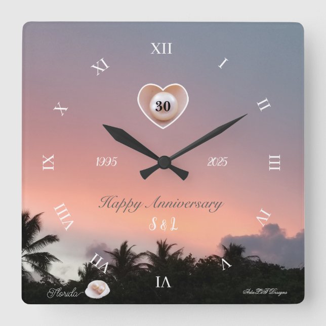 Relógio Quadrado Personalizar o Aniversário de Casamento de Pérolas (Frente)