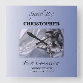 Relógio Quadrado Personalizar, Rapaz, Primeiro Azul de Comunhão